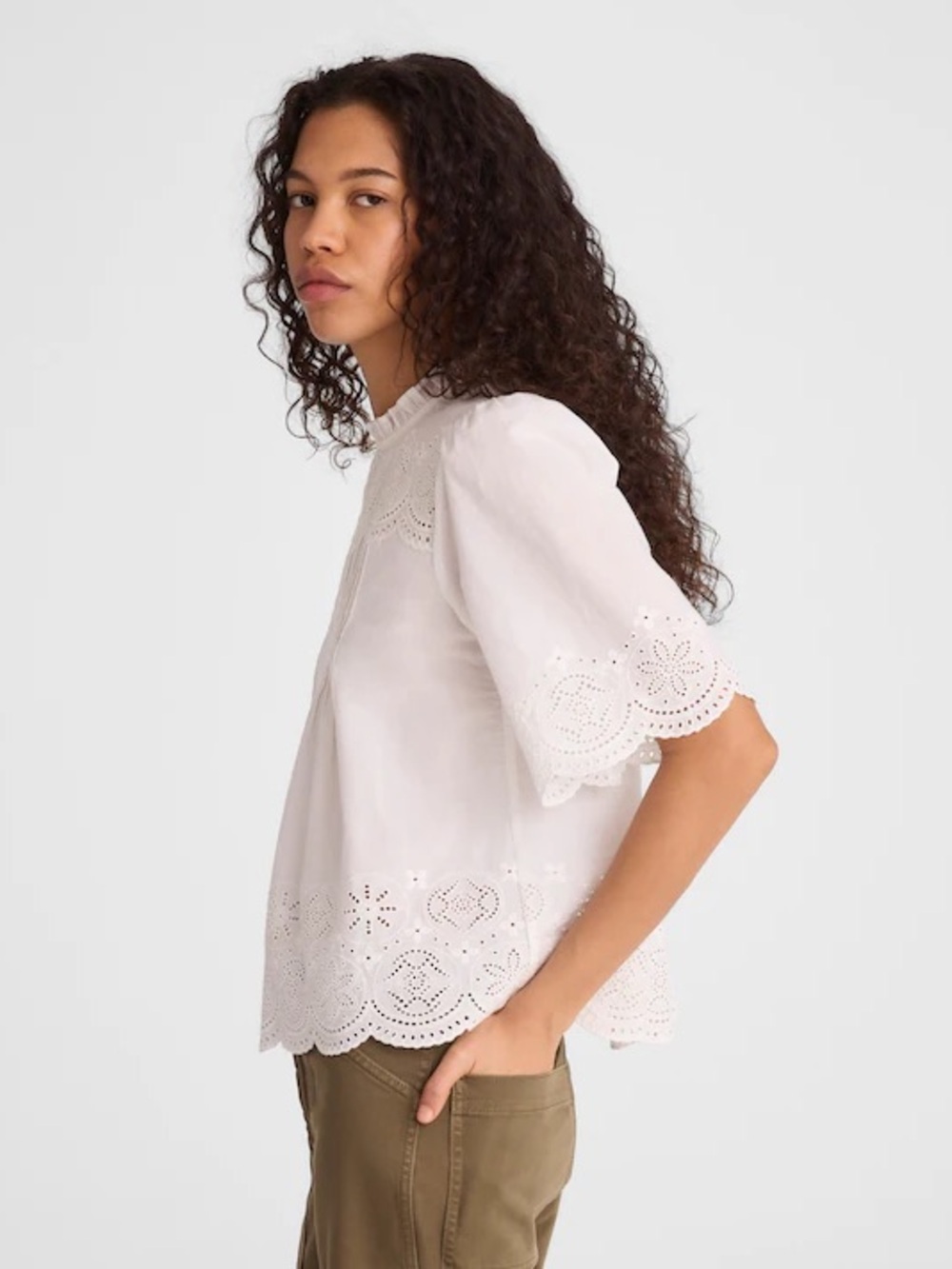 Embroidered Pintuck High-Neck Top - Picture 2 of 4